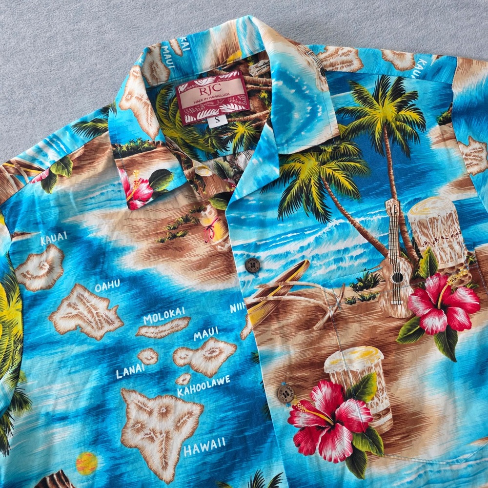 RJC Mens Hawaiian Shirt Small Blue Island Map Tropical Hibiscus Made in Hawaii